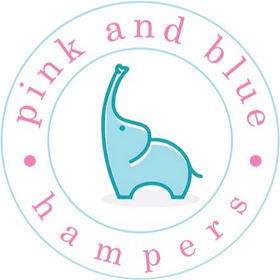 Pink and Blue Hampers, round logo with pink and blue hampers written around it with a blue elephant in the middle, logo for baby hampers by pink and blue hampers 