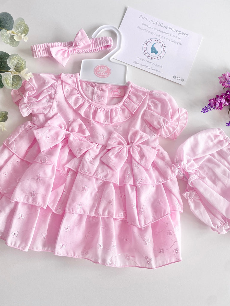 Baby Girl's Pink Tired Broderie Anglaise Dress, Pant & Headband Set - Pink and Blue Hampers