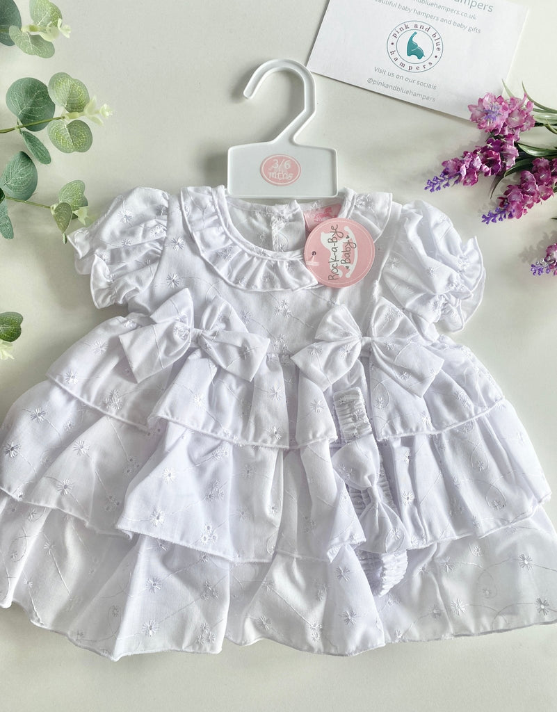 Baby Girl's Tired Broderie Anglaise Dress, Pant & Headband Set - Pink and Blue Hampers