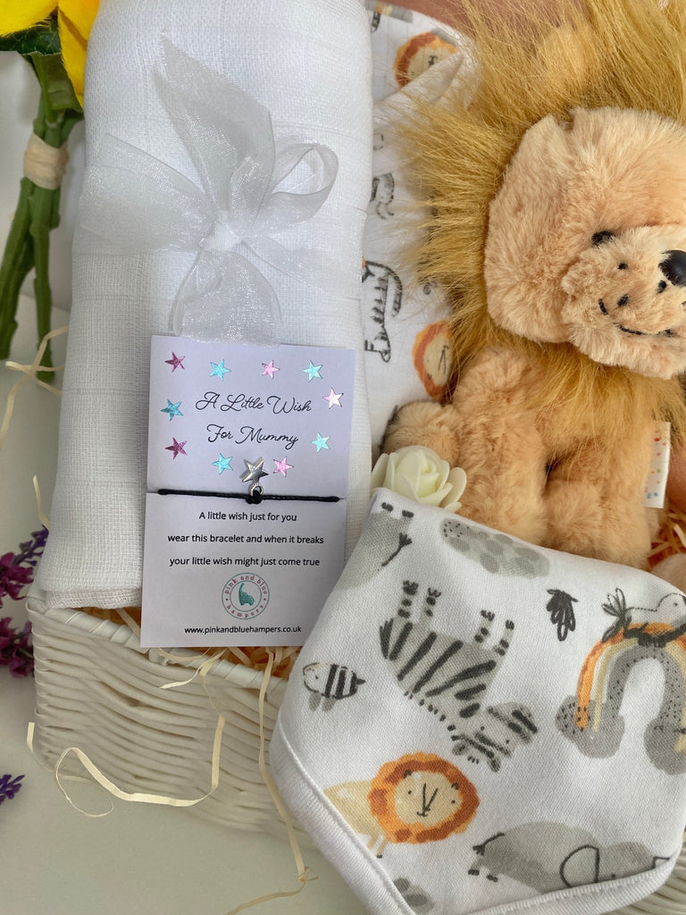 Baby Shower Gift Basket - Sleepy Little Lion - Pink and Blue Hampers