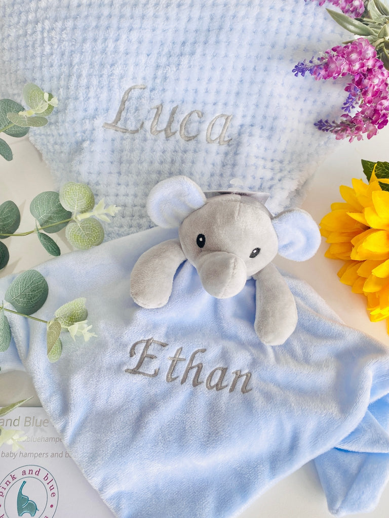 Blue Waffle Blanket & Sweet Elephant Comforter - Pink and Blue Hampers