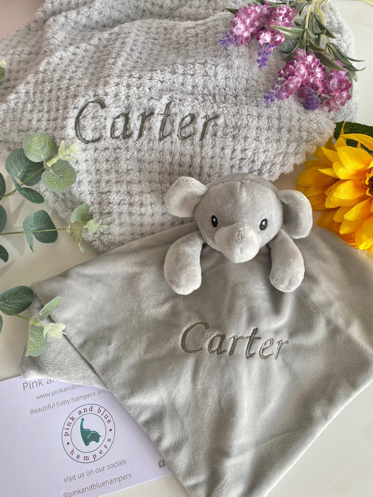Grey Waffle Blanket & Elephant Comforter - Pink and Blue Hampers