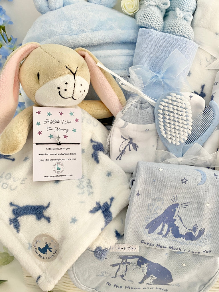 Large Baby Shower Gift Basket - Baby Boy Guess How Much I Love You - Pink and Blue Hampers