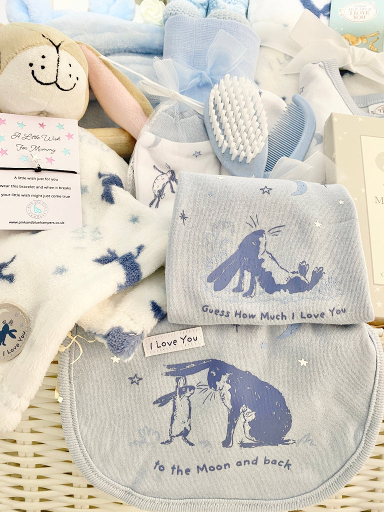Large Baby Shower Gift Basket - Baby Boy Guess How Much I Love You - Pink and Blue Hampers
