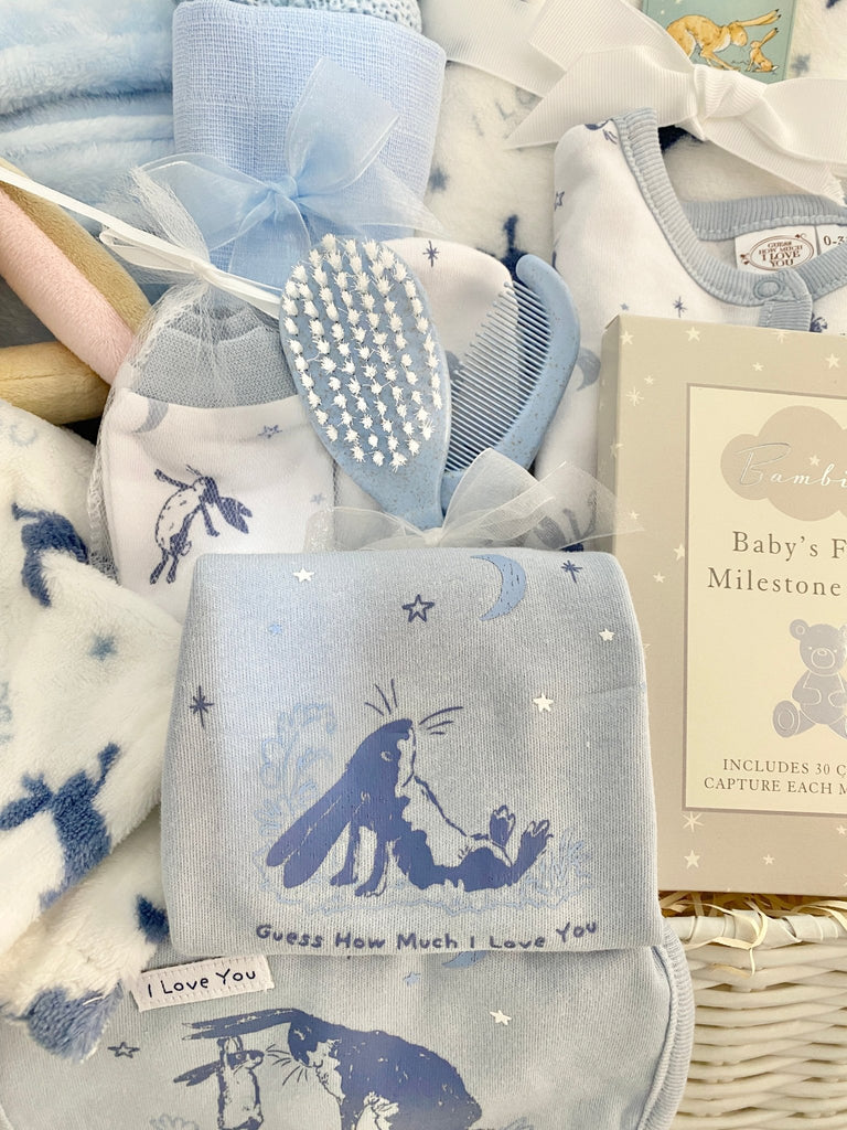 Large Baby Shower Gift Basket - Baby Boy Guess How Much I Love You - Pink and Blue Hampers