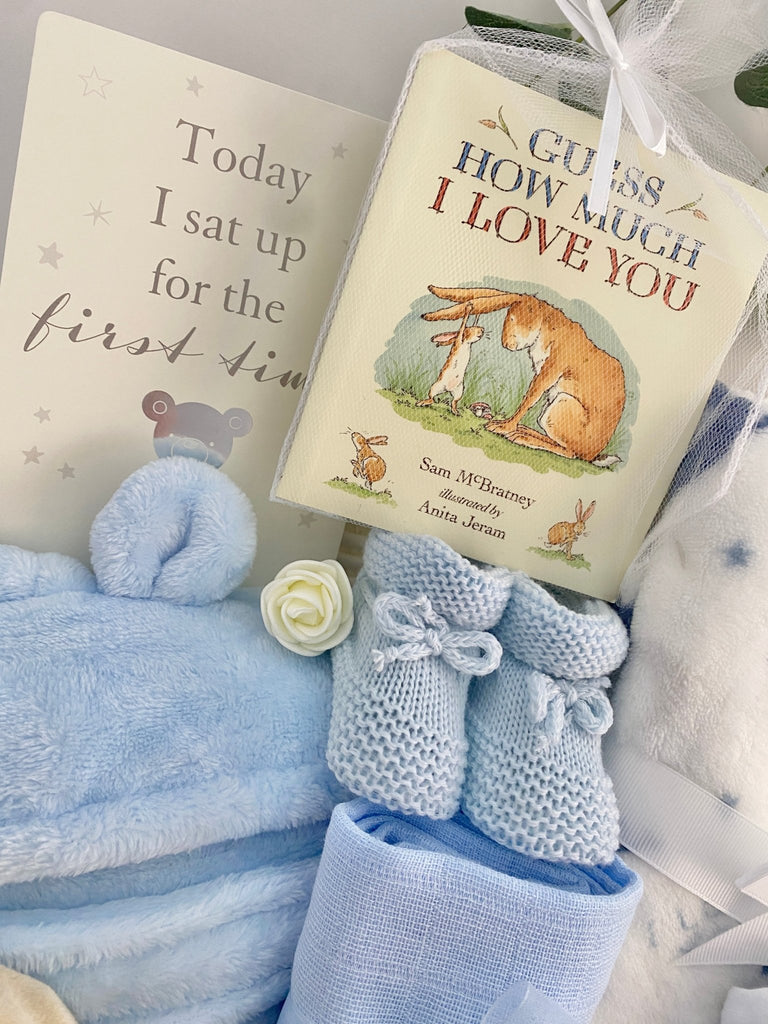 Large Baby Shower Gift Basket - Baby Boy Guess How Much I Love You - Pink and Blue Hampers