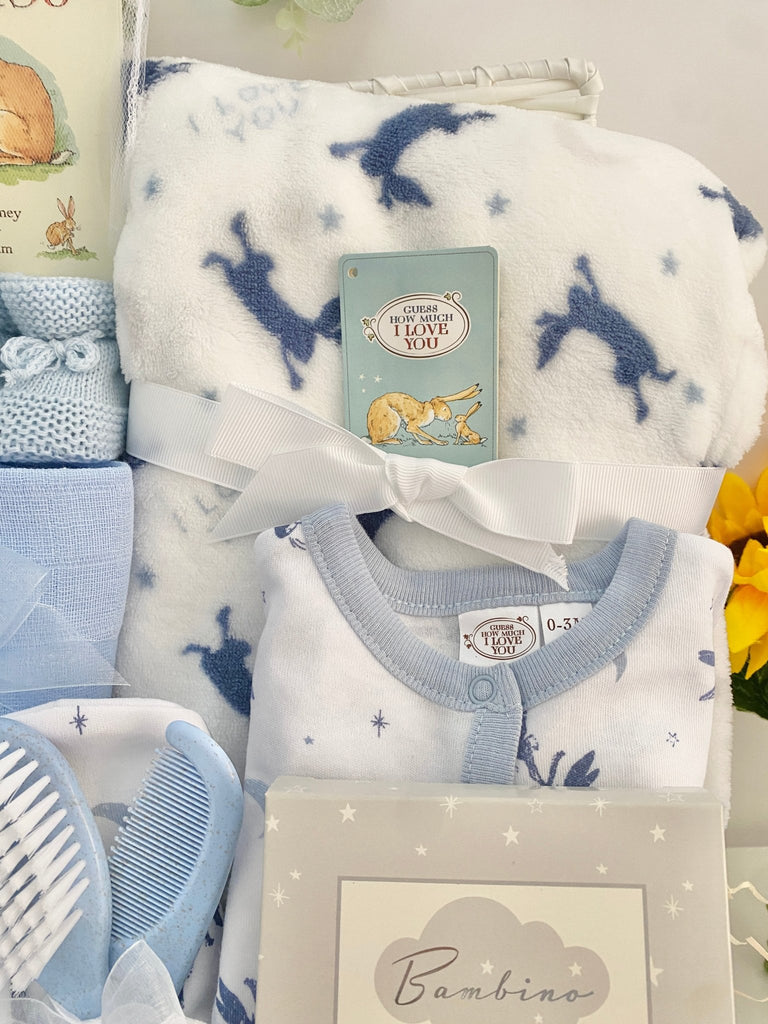 Large Baby Shower Gift Basket - Baby Boy Guess How Much I Love You - Pink and Blue Hampers