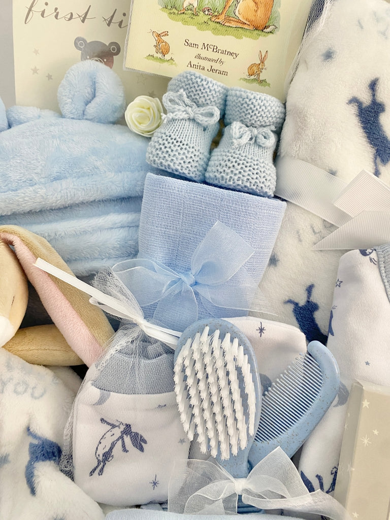 Large Baby Shower Gift Basket - Baby Boy Guess How Much I Love You - Pink and Blue Hampers