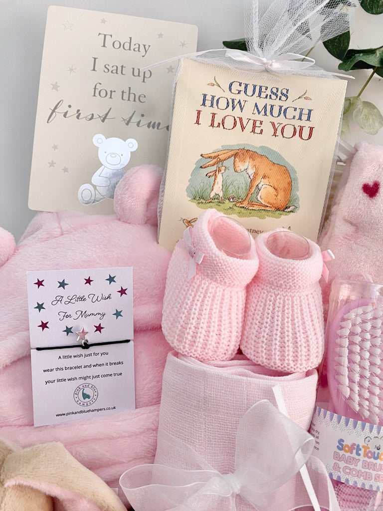 Large Baby Shower Gift Basket - Baby Girl Guess How Much I Love You - Pink and Blue Hampers