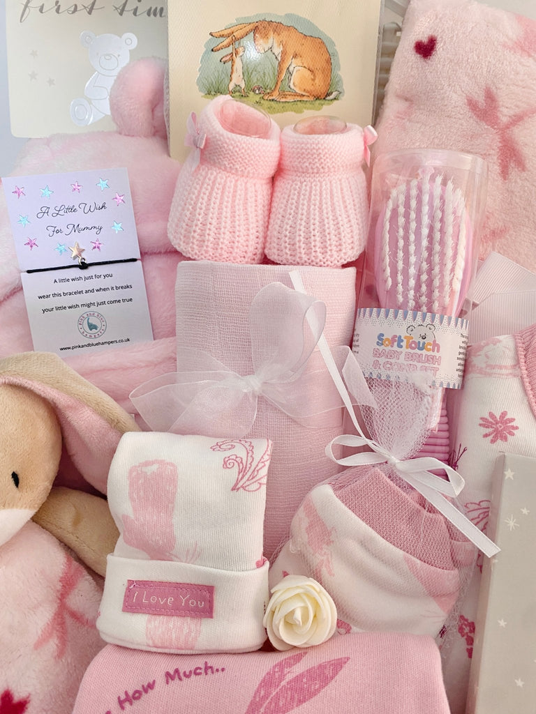 Large Baby Shower Gift Basket - Baby Girl Guess How Much I Love You - Pink and Blue Hampers