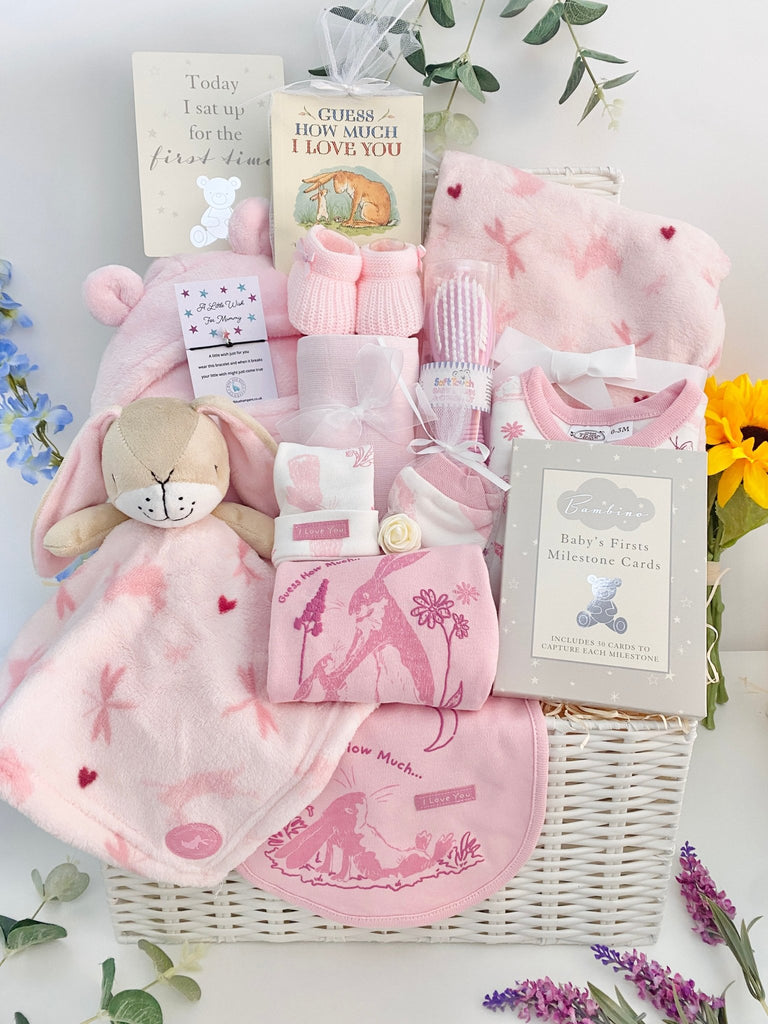Large Baby Shower Gift Basket - Baby Girl Guess How Much I Love You - Pink and Blue Hampers
