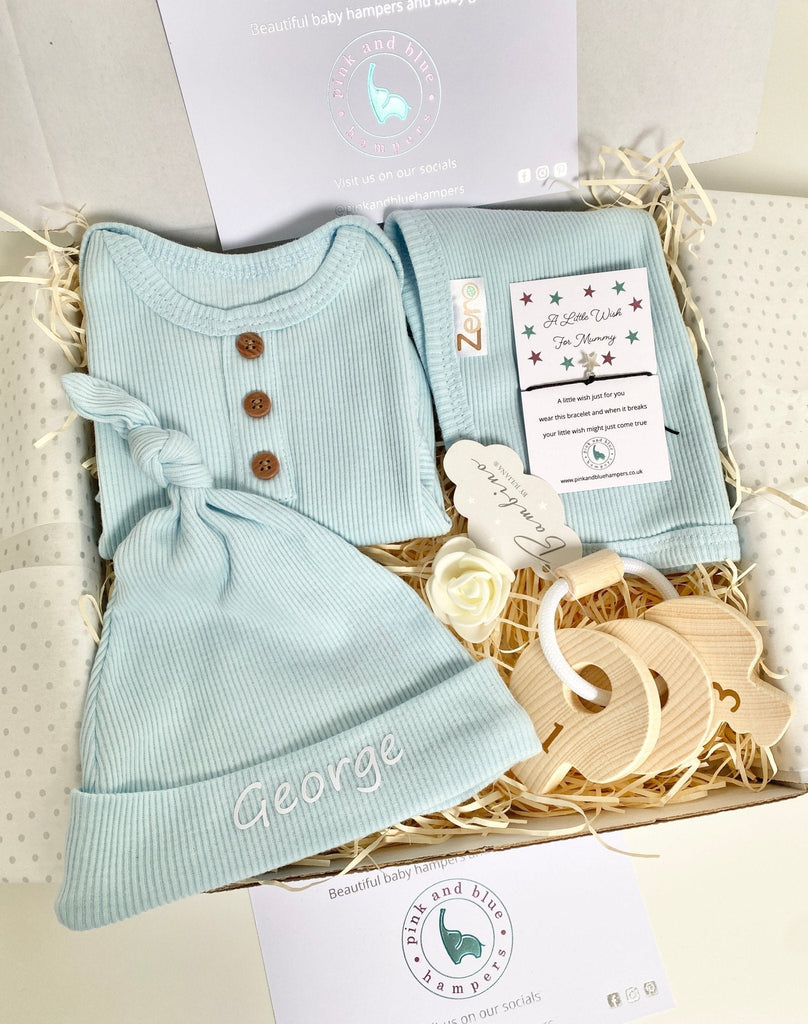 New Baby Boy Gift, Beautiful Baby Gift Set With Wooden Teether - Pink and Blue Hampers