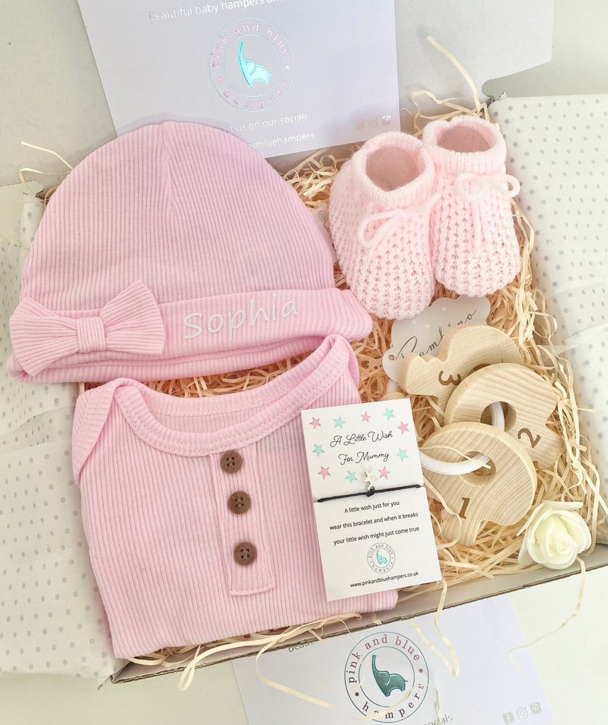 New Baby Girl Gift, Beautiful Baby Gift Set With Wooden Teether - Pink and Blue Hampers