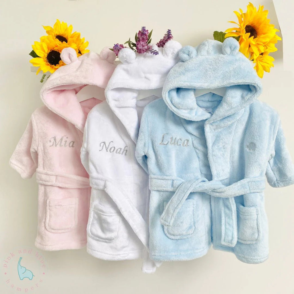 Personalisable White Hooded Baby Dressing Gown - Pink and Blue Hampers