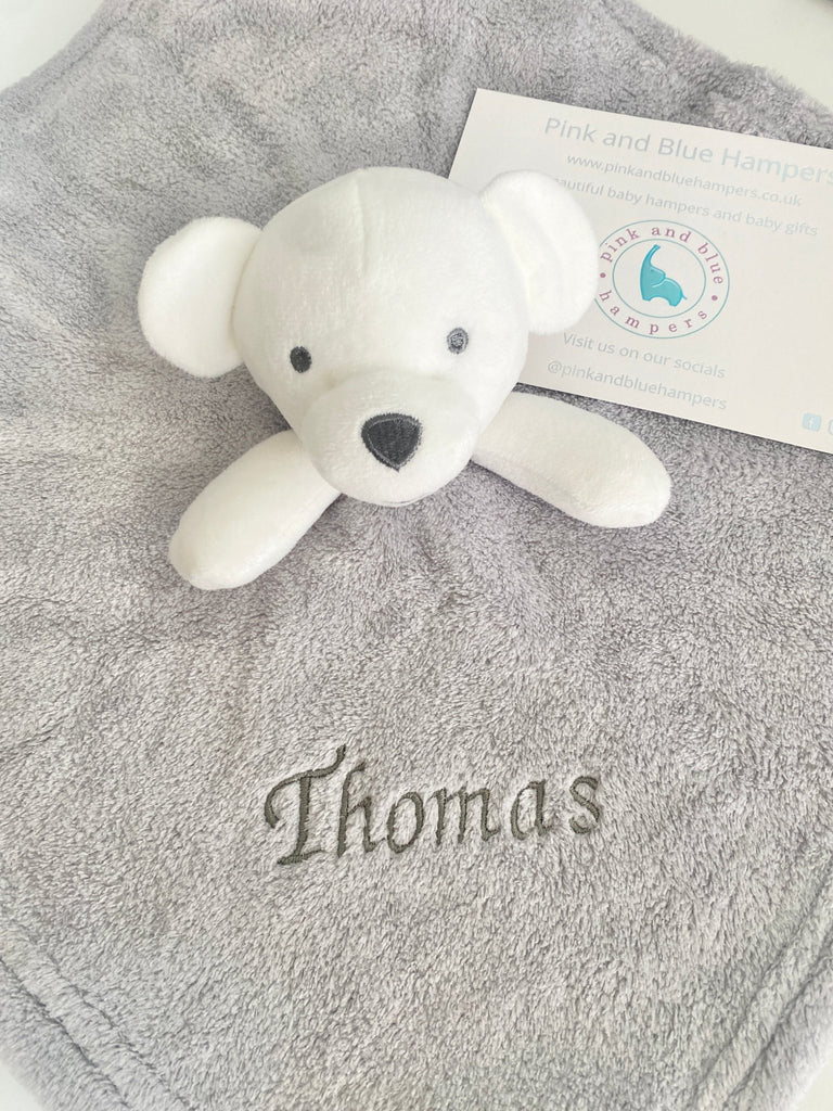 Personalised Baby Comforter - Smiley Bear - Pink and Blue Hampers