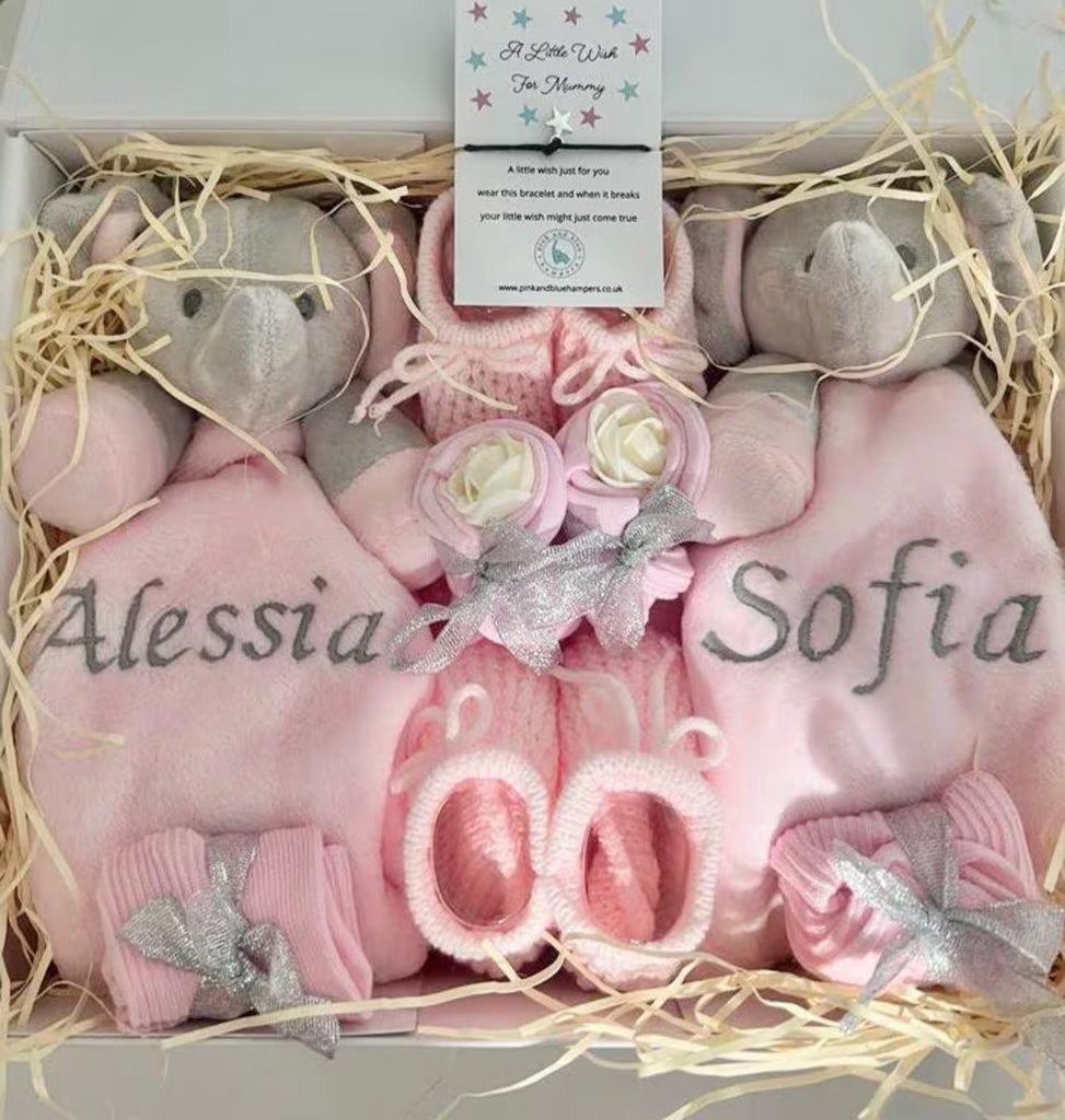 Personalised Baby Girl Twin Hamper - Adorable Elephants Friends - Pink and Blue Hampers