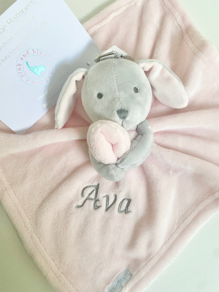 Personalised Pink Bunny Baby Girl Comforter - Pink and Blue Hampers