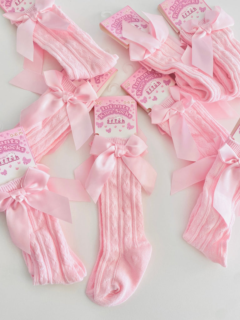 Pink Knee High Baby Girl Socks With Satin Bow - Pink and Blue Hampers