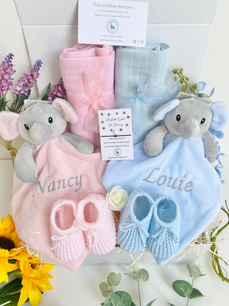 Stunning Personalised Twin Baby Hamper, Twin Girls Hamper, Twin Boys Hamper - Pink and Blue Hampers