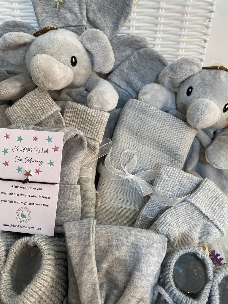 Triplet Baby Shower Hamper Gift - Three Little Elephants - Pink and Blue Hampers