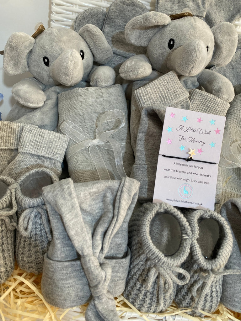 Triplet Baby Shower Hamper Gift - Three Little Elephants - Pink and Blue Hampers