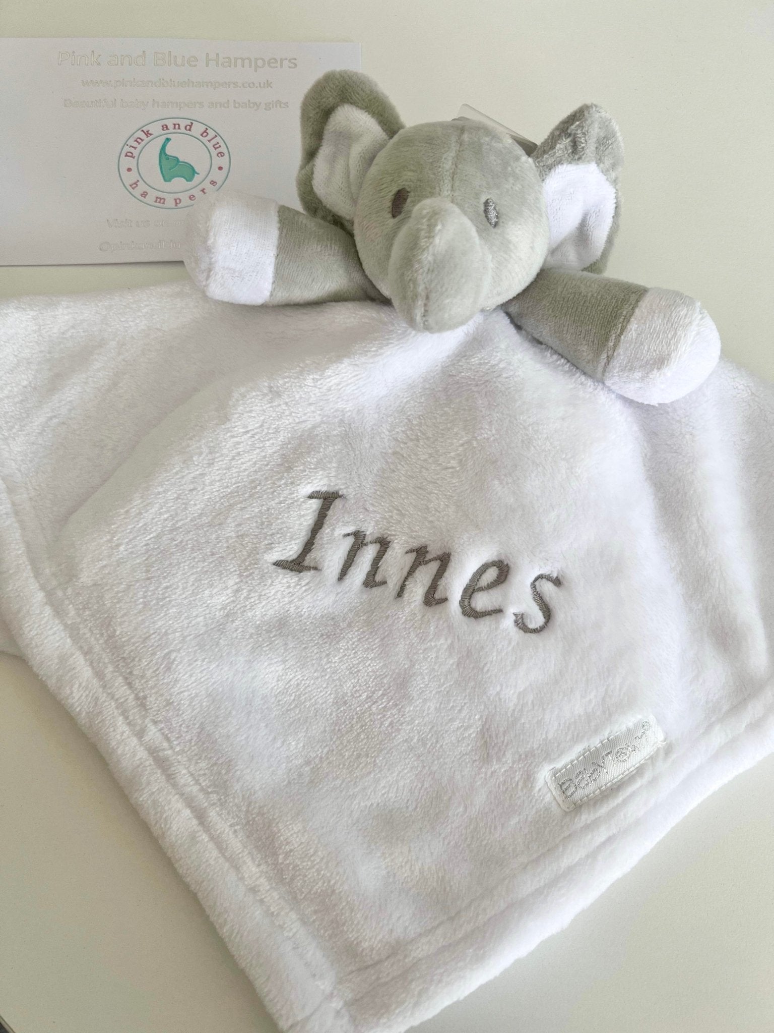 Personalised White Elephant Baby Comforter – Pink and Blue Hampers