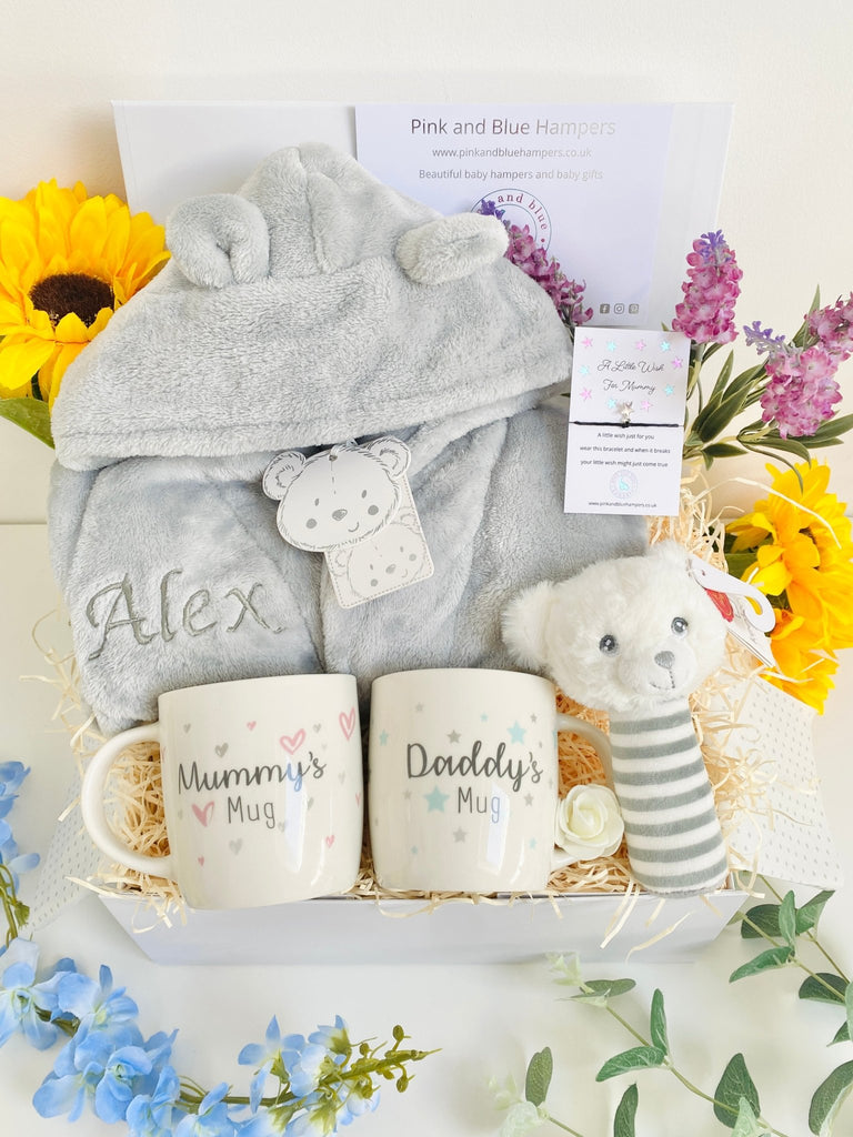 Gorgeous New Parents Baby Gift Hamper With Personalised Dressing Gown - Pink and Blue Hampers