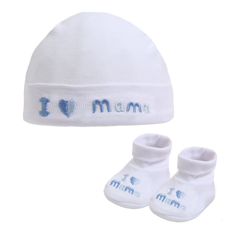 I ‘heart’ Mama Baby Boy Hat and Booties set - Pink and Blue Hampers