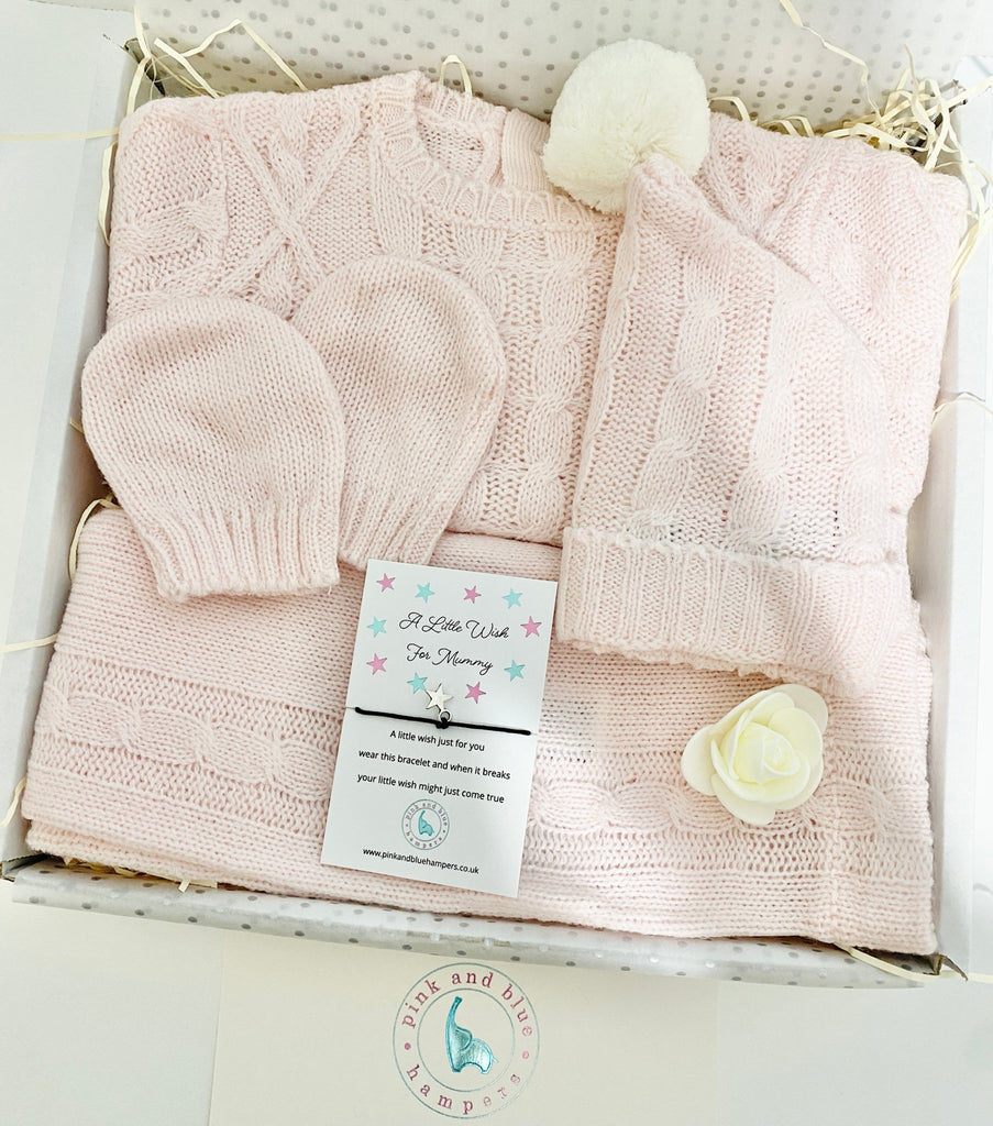 Lovely Baby Girls Knitted Four Piece Baby Gift Set, Unisex Baby Gift - Pink and Blue Hampers