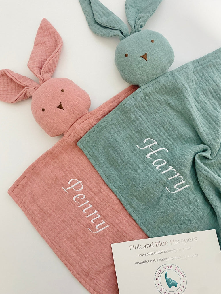 Personalised Organic Cotton Baby Muslin, Bunny Muslin & Koala Muslin comforter - Pink and Blue Hampers