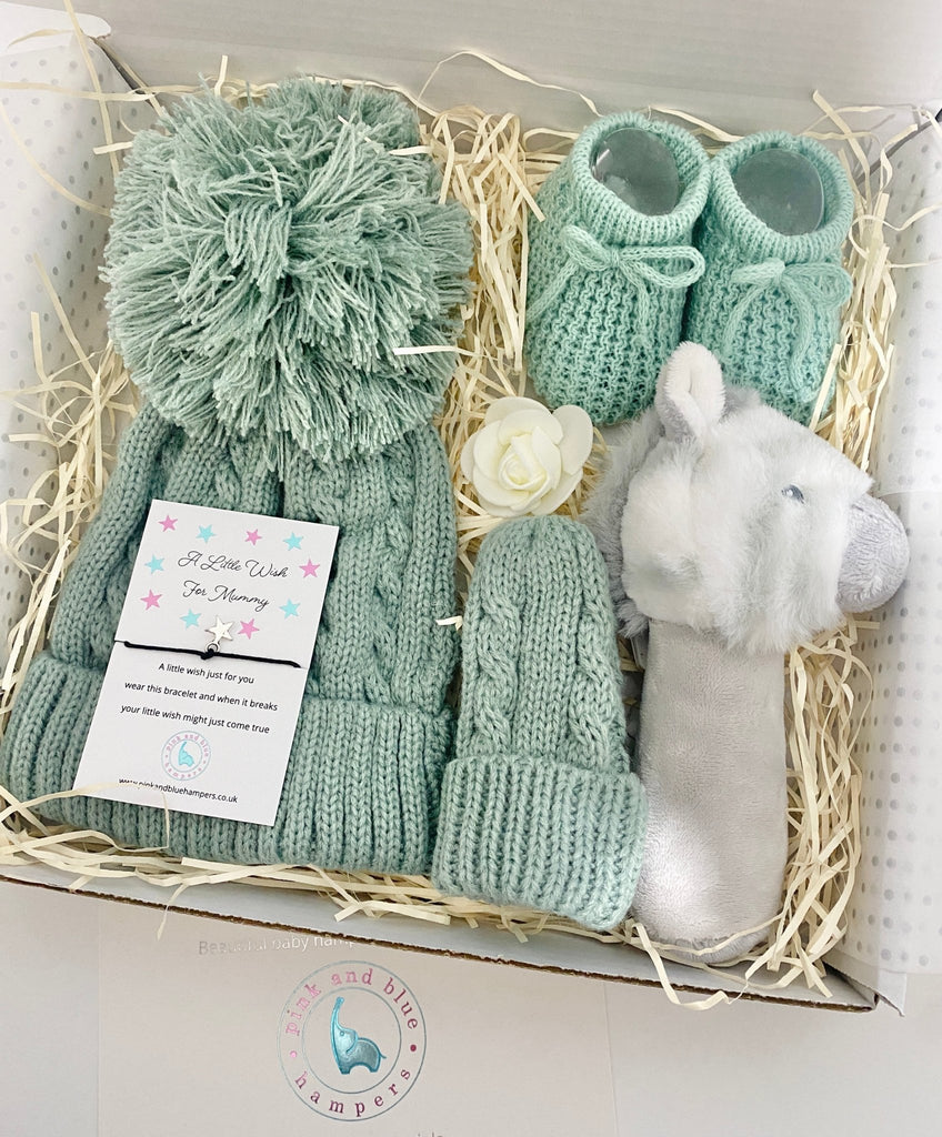 So Cute Sage Green Baby Gift Set, Unisex Winter Baby Gift - Pink and Blue Hampers