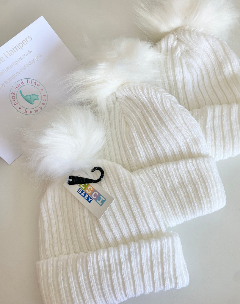 White Pom Pom Hat - Pink and Blue Hampers