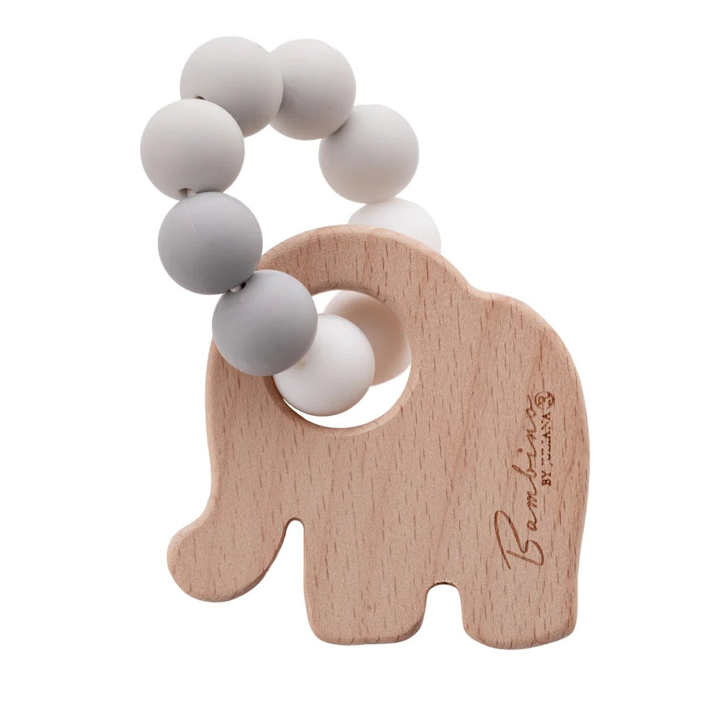 Wooden Elephant Toy With Pastel Grey & White Silicone Bead Teething Ring - Pink and Blue Hampers