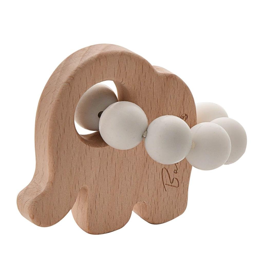 Wooden Elephant Toy With Pastel Grey & White Silicone Bead Teething Ring - Pink and Blue Hampers